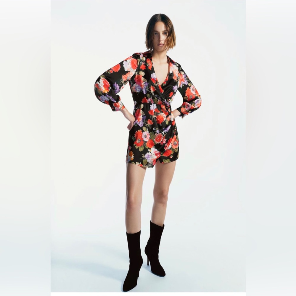 Zara long sleeve satin floral wrap dress